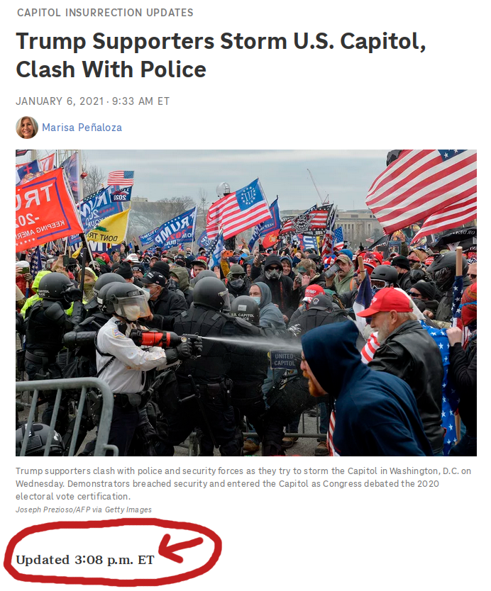 A red circle highlights the time the NPR article was edited